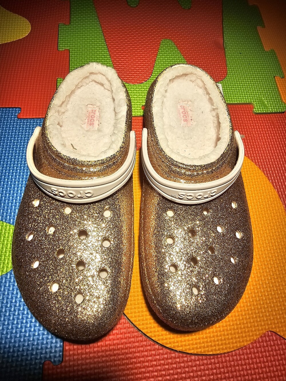 CROCS Kids Glitter Lined Clog in Gold with White Strap